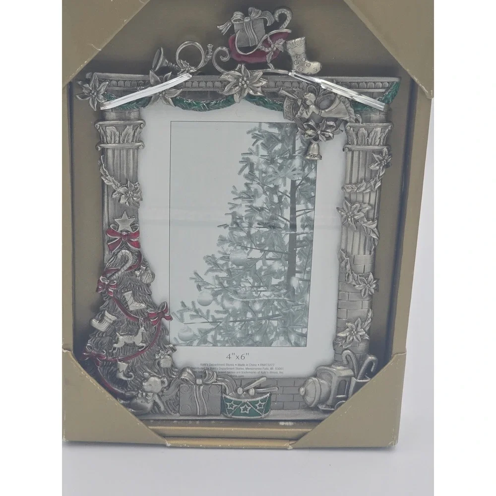 St. Nicholas Square Christmas Fireplace Picture Frame Pewter Style Holiday NIB
